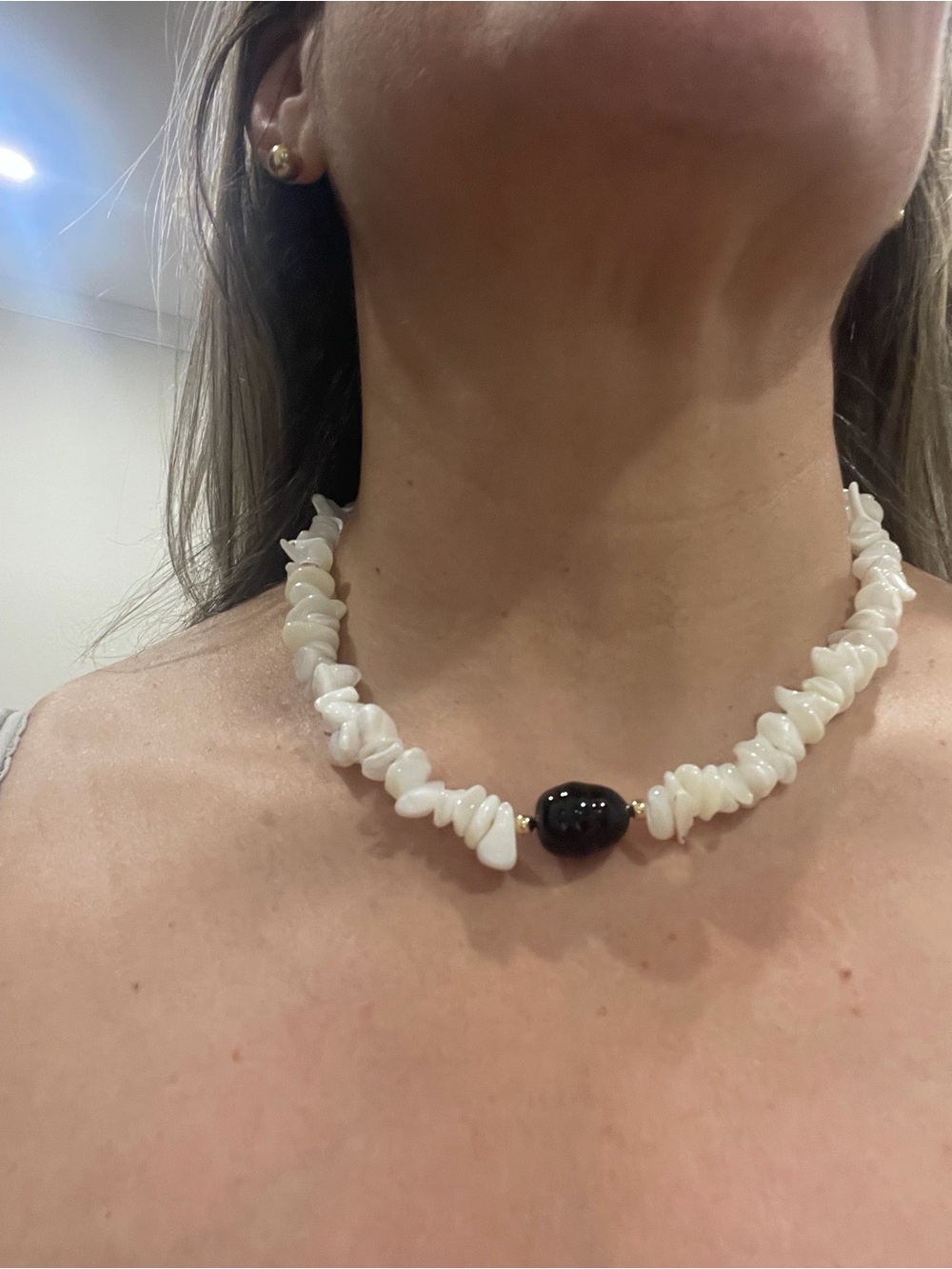 White Mother or Pearl Chip Bead Necklace with Black Baroque Pearl- Women Jewelry